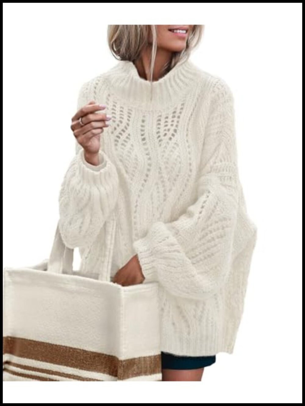 Oversized Crochet Knit Pullover Sweater Mock Neck Lantern Sleeve